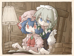  2girls blue_eyes blue_hair chair grey_hair hat indoors izayoi_sakuya looking_at_another maid maid_headdress mob_cap multiple_girls open_mouth red_eyes remilia_scarlet short_hair short_sleeves sitting tm_(utfp3372) touhou wings 