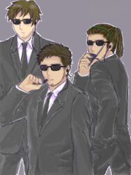  3boys axis_powers_hetalia cuba_(hetalia) dark-skinned_male dark_skin facial_hair formal headset kurosan male_focus multiple_boys spain_(hetalia) stubble suit sunglasses turkey_(hetalia) walkie-talkie 