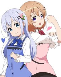  2girls :d back-to-back black_skirt blue_eyes blue_hair blue_vest clenched_hand closed_mouth commentary_request gochuumon_wa_usagi_desu_ka? hair_ornament hairclip hand_on_own_arm head_tilt heart highres hoto_cocoa kafuu_chino long_hair looking_at_viewer medium_hair multiple_girls open_mouth orange_hair pink_vest puffy_sleeves purple_eyes rabbit_house_uniform riyo_(aokiwazumi) shirt simple_background skirt smile vest white_background white_shirt 