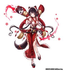  :3 animal_ears black_hair breasts closed_mouth copyright_name cross-laced_clothes cross-laced_skirt detached_sleeves dog_ears dog_girl dog_tail female flower full_body hair_flower hair_ornament hand_up heterochromia hip_vent inui_toko inui_toko_(valkyrie_hero) japanese_clothes long_hair looking_at_viewer low_twintails maid_headdress medium_breasts nijisanji obi oerba_yun_fang official_alternate_costume official_art pelvic_curtain platform_footwear red_eyes rope sash second-party_source shimenawa side_slit simple_background skirt solo standing tail tassel twintails valkyrie_connect virtual_youtuber watermark white_background yellow_eyes 