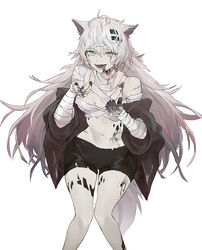  ahoge animal_ears arknights bandaged_arm bandages black_blood black_jacket black_shorts blood blood_from_mouth blood_on_face breasts cleavage commentary fangs female green_eyes grey_eyes hair_between_eyes hair_ornament hairclip highres jacket koio lappland_(arknights) long_hair looking_at_viewer material_growth medium_breasts messy_hair midriff navel off_shoulder open_mouth oripathy_lesion_(arknights) pale_skin scar scar_across_eye scar_on_face short_shorts shorts simple_background smile solo tail white_background wolf_ears wolf_tail 