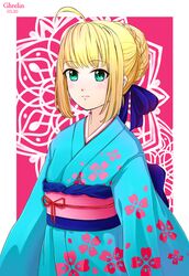  absurdres ahoge aqua_kimono artist_name artoria_pendragon_(fate) blonde_hair braid closed_mouth fate_(series) female floral_print ghrelin hair_ornament highres japanese_clothes kimono light_blush light_smile long_sleeves looking_at_viewer mandala obi saber_(fate) sash self-upload sidelocks solo wide_sleeves 