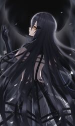  absurdres arm_up back black_dress black_gloves black_hair brown_eyes closed_mouth dress elbow_gloves feet_out_of_frame female from_behind girls&#039;_frontline gloves hair_ornament hairclip harness highres isomer_hivemind_(girls&#039;_frontline) long_hair looking_back mechanical_legs nyto_(girls&#039;_frontline) paradeus solo standing thomas_8000 very_long_hair 