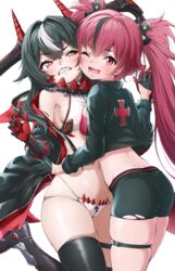  2girls asymmetrical_docking azur_lane bikini bikini_pull black_gloves black_hair black_jacket blush boots breast_press breasts clothes_pull cowboy_shot cross cross-shaped_pupils fake_horns gloves highleg highleg_bikini highres horns iron_cross jacket jacket_over_swimsuit long_hair looking_at_viewer medium_breasts midriff multiple_girls navel open_mouth red_eyes red_hair short_shorts shorts skindentation swimsuit symbol-shaped_pupils tayuura_(kuwo) teeth thigh_boots thigh_strap twintails u-1206_(azur_lane) very_long_hair white_background white_bikini x-shaped_pupils yuri z16_(azur_lane) 