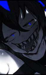  absurdres blue_eyes blue_theme blush crossed_bangs eye_focus female grin hair_between_eyes highres horror_(theme) looking_at_viewer niwarhythm open_mouth original saliva sameko_(niwarhythm) sanpaku shark_girl sharp_teeth smile solo spot_color teeth tongue tongue_out 