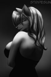  absurd_res aeril_(helios) anthro back backless_clothing backless_dress bare_back bare_shoulders big_breasts black_and_white breasts canid canine closed_eyes clothing dress female fox hair hi_res long_hair mammal monochrome solo sunstripe tagme 