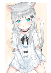  animal_ears animal_hair_ornament bad_id bad_pixiv_id blue_eyes bow cat_ears cat_girl cat_hair_ornament cat_tail commentary dress female grey_hair hair_ornament highres indie_virtual_youtuber iqchan long_hair nachoneko paw_print sitting symbol-only_commentary tail virtual_youtuber wariza 