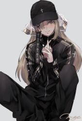  alternate_costume baseball_cap black_hat black_nails blonde_hair closed_mouth cross dogma_(vocaloid) feet_out_of_frame female fingernails grey_background hair_over_one_eye hat highres light_brown_hair long_hair long_sleeves looking_at_viewer mogayama nail_polish nijisanji official_alternate_costume ribbon signature simple_background sister_claire sitting smile solo streetwear virtual_youtuber x_fingers yellow_eyes 