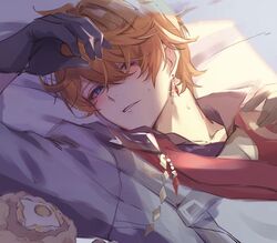  1boy arm_up bed_sheet black_gloves blue_eyes blush crossed_bangs earrings genshin_impact gloves gumilkx hair_between_eyes highres jacket jewelry lying male_focus on_back orange_hair parted_lips red_scarf scarf single_earring solo sweat tartaglia_(genshin_impact) upper_body 