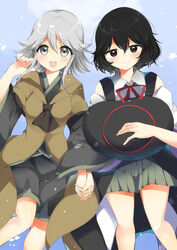  1other androgynous black_hair bow brown_coat coat detached_sleeves enraku_tsubakura female genderswap_(otf) grey_eyes grey_hair hat highres holding holding_clothes holding_hands holding_hat houlen_yabusame large_hat len&#039;en open_mouth ougi_hina red_ribbon ribbon rule_63 short_hair short_hair_with_long_locks shorts smile top_hat unworn_hat unworn_headwear 