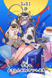  ahoge animal_ears animal_print blue_sweater bottle brown_socks bukurote carton commentary_request corked_bottle cow_ears cow_girl cow_horns cow_print drinking_straw female highres horns hugging_object jacket milk milk_carton one_eye_closed original partial_commentary pink_footwear print_jacket shadow slippers socks solo spilled_milk stuffed_animal stuffed_toy sweater 