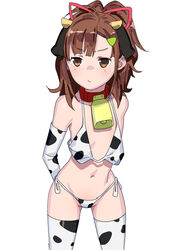  2021 animal_ears animal_print bare_shoulders bell bikini blush breasts brown_eyes brown_hair chinese_zodiac closed_mouth collarbone cow_girl cow_horns cow_print cow_print_bikini cowbell elbow_gloves female gloves high_school_fleet highres horns irizaki_mei jitome micro_bikini navel onsen_tamago_(hs_egg) print_bikini print_gloves print_thighhighs simple_background small_breasts solo swimsuit thighhighs white_background year_of_the_ox 