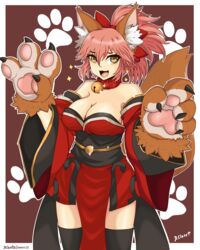  absurdres animal_ear_fluff animal_ears animal_hands bell breasts cat_paws cleavage collar dclaret fate/grand_order fate_(series) female fox_ears fox_girl fox_tail gloves hair_ribbon highres japanese_clothes jingle_bell kimono large_breasts long_hair looking_at_viewer neck_bell oerba_yun_fang paw_gloves pink_hair ponytail red_kimono red_ribbon ribbon solo tail tamamo_(fate) tamamo_cat_(fate) tamamo_cat_(first_ascension)_(fate) yellow_eyes 