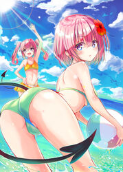  2girls absurdres arm_up ass ball bare_back bare_shoulders beach beachball bent_over bikini bikini_skirt breasts cloud day flower from_behind green_bikini hair_flower hair_ornament hand_on_own_hip highres light_rays long_hair looking_back momo_velia_deviluke multiple_girls nana_asta_deviluke navel ocean open_mouth outdoors pink_eyes short_hair siblings sideboob sisters sky small_breasts smile sun swimsuit tail thighs to_love-ru to_love-ru_darkness toshizou_(0714) twins twintails wading water waving yellow_bikini 