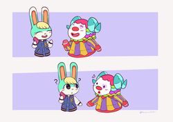  ambiguous_gender animal_crossing anthro biped blush bovid caprine clown clown_makeup clown_nose confusion duo electronics eye_contact hi_res horn lagomorph leporid looking_at_another mammal nintendo phone pietro_(animal_crossing) question_mark r1zmy rabbit sasha_(animal_crossing) sheep signature simple_background simple_nose smile 