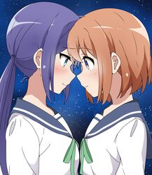  2girls aqua_eyes blue_hair blue_sailor_collar closed_mouth commentary_request eye_contact face-to-face forehead-to-forehead green_neckwear heads_together highres koisuru_asteroid konohata_mira long_hair long_sleeves looking_at_another manaka_ao multiple_girls night night_sky orange_hair purple_eyes riyo_(aokiwazumi) sailor_collar school_uniform serafuku shirt short_hair sidelocks sky smile star_(sky) starry_sky twintails upper_body white_shirt yuri 