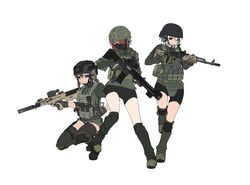  3girls ak-47 armedshipyard assault_rifle bike_shorts black_legwear black_shorts blue_eyes body_armor boots brown_hair bullpup desert_tech_mdr escape_from_tarkov full_body gloves green_gloves green_shirt gun hair_over_one_eye headset helmet highres holding holding_weapon kalashnikov_rifle knee_pads load_bearing_vest lvoa-c m4_carbine magazine_(weapon) mask medium_hair mouth_mask multiple_girls original purple_eyes red_eyes rifle shirt shoes shorts simple_background smile socks teeth thighhighs weapon white_background white_hair 