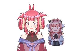  2girls atelier_live cropped_torso doughnut english_commentary food hair_rings hexunart horns kani_kanizawa kuzuryu_io multiple_girls off_shoulder open_mouth parody pink_hair purple_eyes red_eyes red_hair sparkling_eyes surprised virtual_youtuber white_background wide-eyed 