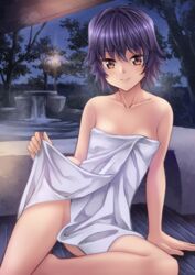  akemiho_tabi_nikki black_hair breasts brown_eyes collarbone commentary female gendai_ninjakko_zukan highres kouno_hikaru naked_towel night onsen short_hair sitting small_breasts smile solo towel water 