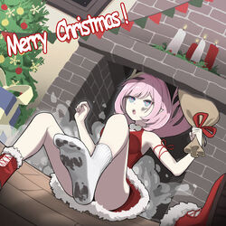  :o absurdres blue_eyes boots breasts candle chimney christmas christmas_ornaments christmas_present christmas_tree cleavage_cutout clothing_cutout dirty dress elf elysia_(honkai_impact) female fur_dress gift goseumgoseumdochi hair_ornament highres holding holding_sack honkai_(series) honkai_impact_3rd indoors long_hair merry_christmas open_mouth picture_frame pink_hair pointy_ears red_dress red_footwear sack santa_costume single_boot sleeveless sleeveless_dress socks soles solo upper_body white_socks wooden_floor 