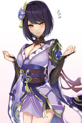  black_gloves black_hair blush breasts cleavage cosplay cowboy_shot elbow_gloves female fingerless_gloves genshin_impact gloves hair_ornament highres kujou_sara large_breasts long_sleeves okura_shito parted_lips raiden_shogun raiden_shogun_(cosplay) short_hair solo vision_(genshin_impact) wide_sleeves yellow_eyes 