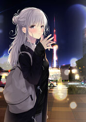  backpack bag black_jacket blurry blurry_background blush building car closed_mouth collared_shirt commentary female from_side grey_bag grey_eyes hair_bun hands_up highres jacket jewelry long_hair long_sleeves looking_at_viewer motor_vehicle night night_sky original outdoors own_hands_together pleated_skirt ring road sasahara_wakaba shirt single_hair_bun skirt sky solo standing street symbol-only_commentary tower white_hair white_shirt 