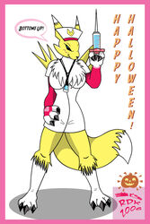  2:3 anthro bandai_namco biped blue_eyes border canid canine clothing dialogue digimon digimon_(species) digital_media_(artwork) female fox halloween holidays mammal nurse nurse_clothing pink_border reddragonkan renamon solo syringe text tight_clothing 