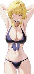  absurdres armpits arms_behind_head bikini black_bikini blonde_hair breasts cleavage closed_eyes collarbone commentary_request female genshin_impact groin hair_between_eyes highres katagirinanoka large_breasts looking_at_viewer lumine_(genshin_impact) navel short_hair short_hair_with_long_locks sidelocks simple_background sleeveless smile solo stomach swimsuit white_background 