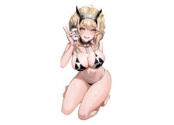  animal_ears barefoot bell bikini blonde_hair blush breasts cleavage collar cowgirl drink headband ihobus orange_eyes original short_hair swimsuit white 