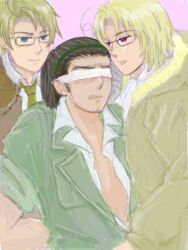  3boys america_(hetalia) axis_powers_hetalia blindfold blonde_hair bomber_jacket brothers canada_(hetalia) cuba_(hetalia) dark-skinned_male dark_skin glasses jacket kurosan male_focus multiple_boys siblings twins yaoi 