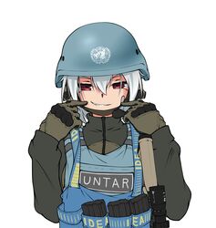  armedshipyard blue_headwear blue_vest body_armor brand_name_imitation commentary escape_from_tarkov female gloves green_jacket gun hair_between_eyes helmet jacket load_bearing_vest logo_parody long_sleeves looking_at_viewer magazine_(weapon) medium_hair original red_eyes scope simple_background smile solo teeth united_nations upper_body vest weapon white_background white_hair 