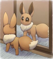  2022 ambiguous_gender black_nose brown_body brown_eyes brown_fur cheek_tuft detailed_background digital_media_(artwork) dipstick_tail eevee facial_tuft feral fluffy fur generation_1_pokemon head_tuft hi_res inside looking_at_self markings mirror neck_tuft nintendo otakuap pokemon pokemon_(species) quadruped reflection rug shaded solo tail tail_markings tuft 