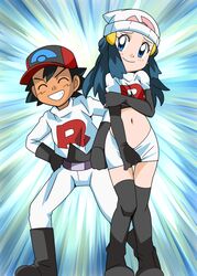  1boy alternate_costume beanie blue_eyes blue_hair breasts closed_mouth commentary cosplay dawn_(pokemon) elbow_gloves female gloves hainchu hat james_(pokemon) james_(pokemon)_(cosplay) jessie_(pokemon) jessie_(pokemon)_(cosplay) long_hair midriff navel open_mouth pokemon pokemon_(anime) pokemon_dppt_(anime) satoshi_(pokemon) skirt skirt_tug smile team_rocket team_rocket_uniform thighhighs white_headwear 