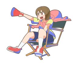  black_shorts brown_eyes brown_hair chair city_(arawi_keiichi) director&#039;s_chair female highres holding holding_megaphone looking_away megaphone niikura_(city) readybug red_footwear shoes short_hair shorts sitting sneakers socks teeth transparent_background upper_teeth_only white_socks 