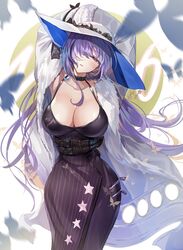  animal_print arms_up belt blue_hair blurry breasts butterfly_print choker cleavage commentary depth_of_field dress female girls&#039;_frontline ha9na hair_over_one_eye hat head_tilt highres jacket korean_commentary large_breasts long_hair red_eyes solo star_(symbol) star_print white_hat zb-26_(girls&#039;_frontline) zipper 