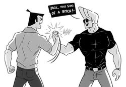  2boys belt english_text georgekrstic johnny_bravo johnny_bravo_(series) monochrome multiple_boys parody predator_(movie) samurai_jack samurai_jack_(character) short_sleeves simple_background sunglasses topknot watch white_background 