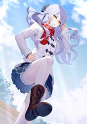  blue_bow blue_skirt blue_sky boots bow brown_footwear chestnut_mouth cloud cloudy_sky coat commentary_request cross-laced_footwear day female frilled_skirt frills from_below grey_hair hair_between_eyes hairbow hand_up highres lace-up_boots long_hair long_sleeves looking_at_viewer looking_down original outdoors pantyhose parted_lips plaid plaid_bow plaid_skirt red_scarf ririko_(zhuoyandesailaer) saegusa_riko scarf shoe_soles skirt sky solo standing standing_on_one_leg striped_clothes striped_scarf thighband_pantyhose upskirt very_long_hair white_coat white_pantyhose yellow_eyes 