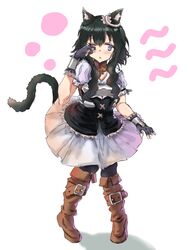  animal_ears armor belt belt_boots black_fur black_gloves black_hair black_tail black_thighhighs blue_eyes blush body_armor boots breastplate bright_pupils brown_belt brown_choker brown_footwear cat_ears cat_girl cat_tail choker commentary_request cowboy_boots dress earrings female fingerless_gloves fran_(tensei_shitara_ken_deshita) full_body gloves hair_between_eyes hand_up jewelry knee_boots leather leather_belt leather_boots light_blush long_hair one_eye_closed parted_lips partial_commentary puffy_sleeves shadow short_sleeves simple_background solo sorairo_(pixiv_29404031) standing tail tensei_shitara_ken_deshita thighhighs white_background white_dress white_pupils 