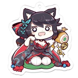  animal_ear_fluff animal_ears azur_lane black_hair black_kimono black_sash blush_stickers breasts butterfly_hair_ornament charm_(object) chibi cleavage commentary_request female full_body fusou_(azur_lane) hair_ornament hair_ribbon hand_up himajin_(fd_jin) holding holding_mallet japanese_clothes kimono looking_at_viewer mallet obi open_mouth paw_pose print_kimono red_ribbon ribbon ribbon-trimmed_kimono ribbon_trim sash seiza short_hair simple_background sitting smile solo sparkle split_mouth tassel thighhighs transparent_background white_eyes white_thighhighs wide_sleeves 