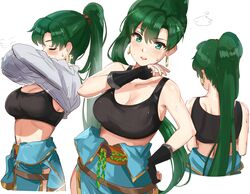  absurdres back bare_shoulders black_gloves black_sports_bra blue_dress blush breasts cleavage closed_eyes clothes_lift collarbone dress earrings female fingerless_gloves fire_emblem fire_emblem:_the_blazing_blade gloves green_eyes green_hair high_ponytail highres jewelry large_breasts long_hair looking_at_viewer lyn_(fire_emblem) multiple_views open_clothes open_dress open_mouth ormille ponytail rope sash shirt_lift simple_background sports_bra sweat underwear white_background 