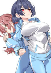  2girls absurdres alternate_breast_size assisted_stretching back-to-back bad_id bad_twitter_id blue_hair blush breasts clenched_hands dark_blue_hair hair_bun haruyuki_(gffewuoutgblubh) highres idolmaster idolmaster_shiny_colors jacket komiya_kaho large_breasts locked_arms looking_at_another looking_back morino_rinze multiple_girls pants partially_unzipped red_eyes red_hair shirt simple_background single_side_bun stretching thigh_gap track_jacket track_pants white_background white_shirt yuri 