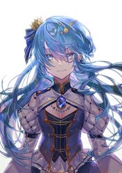  blue_dress blue_eyes blue_hair blue_ribbon closed_mouth crown dress earrings female hair_between_eyes hair_ornament hair_ribbon highres hololive hoshimachi_suisei hoshimachi_suisei_(stellar_into_the_galaxy) jewelry juliet_sleeves kairi_(kai_ri) long_hair long_sleeves looking_at_viewer mini_crown official_alternate_costume official_alternate_hair_length official_alternate_hairstyle puffy_sleeves ribbon simple_background solo star_(symbol) star_earrings star_hair_ornament upper_body virtual_youtuber white_background 