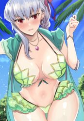  armlet bare_shoulders bikini blue_sky blush bracelet braid braided_ponytail breasts cleavage collarbone day earrings fate/grand_order fate_(series) female flower frills green_bikini green_vest grey_hair hair_flower hair_ornament hair_ribbon highres hood hooded_vest hoodie jewelry kama_(fate) kama_(swimsuit_avenger)_(fate) kankitsu_kei large_breasts long_hair looking_at_viewer lotus necklace open_mouth pendant red_eyes ribbon sky solo swimsuit thighs vest 