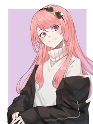  1boy bad_id bad_twitter_id black_jacket closed_mouth hairband holostars jacket long_hair looking_to_the_side male_focus otoko_no_ko pink_hair purple_eyes simple_background sleeves_past_wrists smile solo sweater tsukishita_kaoru turtleneck upper_body v virtual_youtuber ziu 