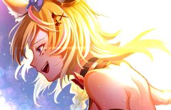  akubi_darake animal_ears bare_shoulders blonde_hair blush bow bowtie club_(shape) female fox_ears hair_ornament hat heart highres hololive jester_cap lens_flare medium_hair multicolored_hair omaru_polka omaru_polka_(1st_costume) open_mouth pink_hair propeller_hair_ornament solo spade_(shape) star-shaped_pupils star_(symbol) streaked_hair sweat symbol-shaped_pupils tilted_headwear virtual_youtuber 