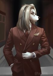  1boy adjusting_clothes aggressive_retsuko artist_name brown_suit dog_boy formal furrholic furry furry_male glasses hand_in_pocket himuro_(aggretsuko) indoors looking_to_the_side male_focus pocket_square solo standing suit watch white_hair wristwatch 