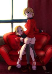  2girls :p absurdres ass backlighting black_footwear black_panties black_thighhighs blonde_hair blue_eyes blush boots braid closed_mouth commentary couch cross-laced_footwear darjeeling_(girls_und_panzer) epaulettes from_behind girls_und_panzer high_heel_boots high_heels highres holding_hands indoors itsumip jacket knee_up light_frown long_sleeves looking_at_viewer looking_back military military_uniform multiple_girls no_pants no_socks on_couch orange_hair orange_pekoe_(girls_und_panzer) panties parted_bangs pink_panties red_jacket red_theme short_hair sitting smile st._gloriana&#039;s_military_uniform standing sweatdrop thighhighs thong tied_hair tongue tongue_out twin_braids twitter_username underwear uniform white_footwear window 