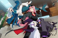  3girls :&lt; angry annoyed belt blue_eyes blue_hair blunt_bangs collar collared_vest commentary demon_girl demon_horns dress_pants dual_wielding english_commentary fins fish_tail frown gawr_gura grey_hair gun handgun holding hololive hololive_english horns la+_darknesss la+_darknesss_(1st_costume) long_hair long_sleeves medium_hair metal_collar minecraft mori_calliope multicolored_hair multiple_girls mx._moz open_mouth oversized_clothes pink_hair q_(hololive) red_eyes ryuu_ga_gotoku serious shark_girl shark_tail sharp_teeth sleeves_past_fingers sleeves_past_wrists streaked_hair striped_horns tail teeth two_side_up v-shaped_eyebrows vest virtual_youtuber weapon white_belt 