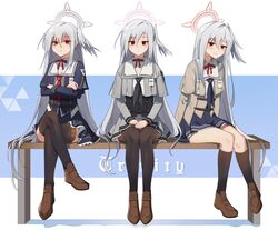  3girls absurdres bench black_socks black_thighhighs blue_archive blue_background brown_footwear brown_jacket colored_shadow commission crossed_arms crossed_legs english_text feathered_wings grey_jacket grey_serafuku halo hands_on_lap happy_birthday head_wings highres jacket kneehighs loafers long_hair long_sleeves looking_at_viewer maaki12 multiple_girls multiple_persona on_bench own_hands_together red_eyes school_uniform second-party_source serafuku shadow shirt shoes single_head_wing sitting sleeves_past_wrists smile socks suzumi_(blue_archive) thighhighs two-tone_background white_background white_hair white_shirt white_wings wings 