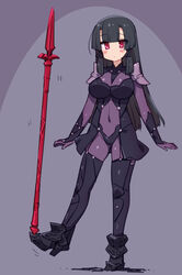  armor black_hair bodysuit breasts commission cosplay covered_navel fate/grand_order fate_(series) female gae_bolg_(fate) high_heels large_breasts long_hair pixiv_commission polearm purple_bodysuit red_eyes scathach_(fate) scathach_(fate)_(cosplay) shoulder_armor skin_tight solo spear starmine_(manga) stroma very_long_hair weapon 